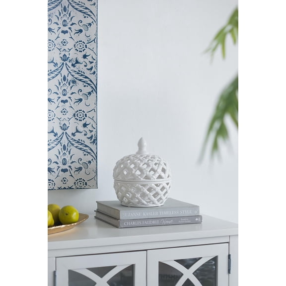 D8x9.5" White Ceramic Lidded Jar with Lattice Design