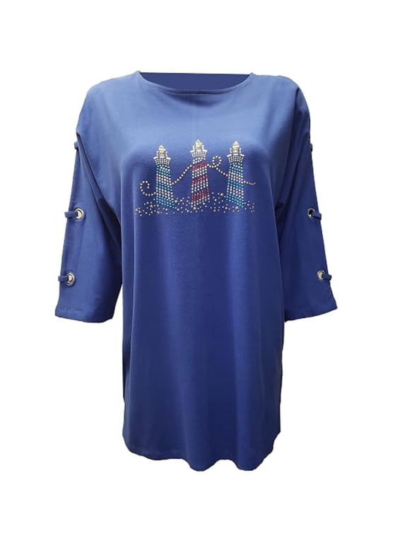 DA Distinct Apparel Women's Royal Blue Lighthouse Rhinestone Tunic Top, Scoop Neck, 3/4 Sleeve, Size XL