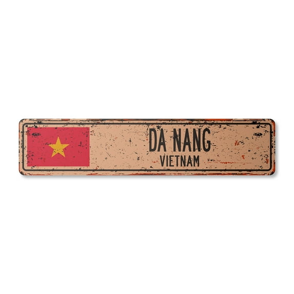 DA NANG VIETNAM Vintage Plastic Street Sign Vietnamese flag city country road wall gift | Indoor/Outdoor | 24" Wide
