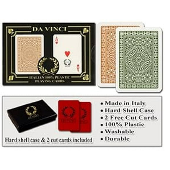 DA VINCI Club Casino, Italian 100% Plastic Playing Cards, 2-Deck Poker Size Regular Index Set, with Hard Shell Case & 2 Cut Cards