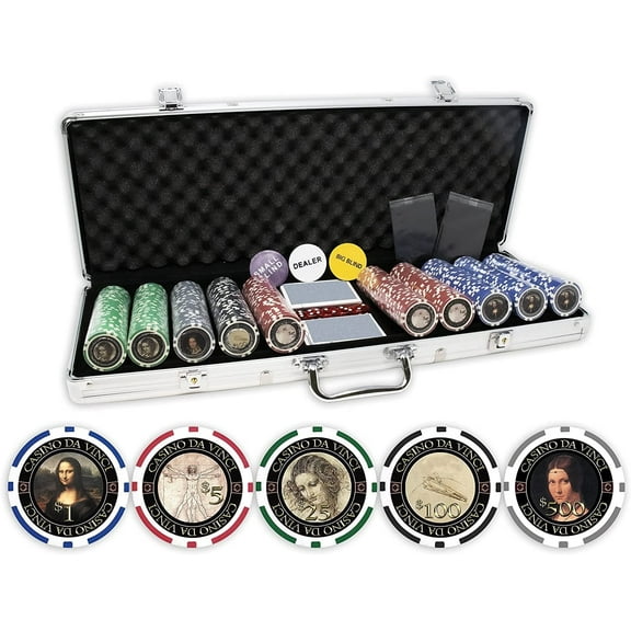 DA VINCI Masterworks Poker Chip Set of 500 Chips with Denominations, 2 Decks of Cards, 3 Dealer Buttons and 2 Cut Cards