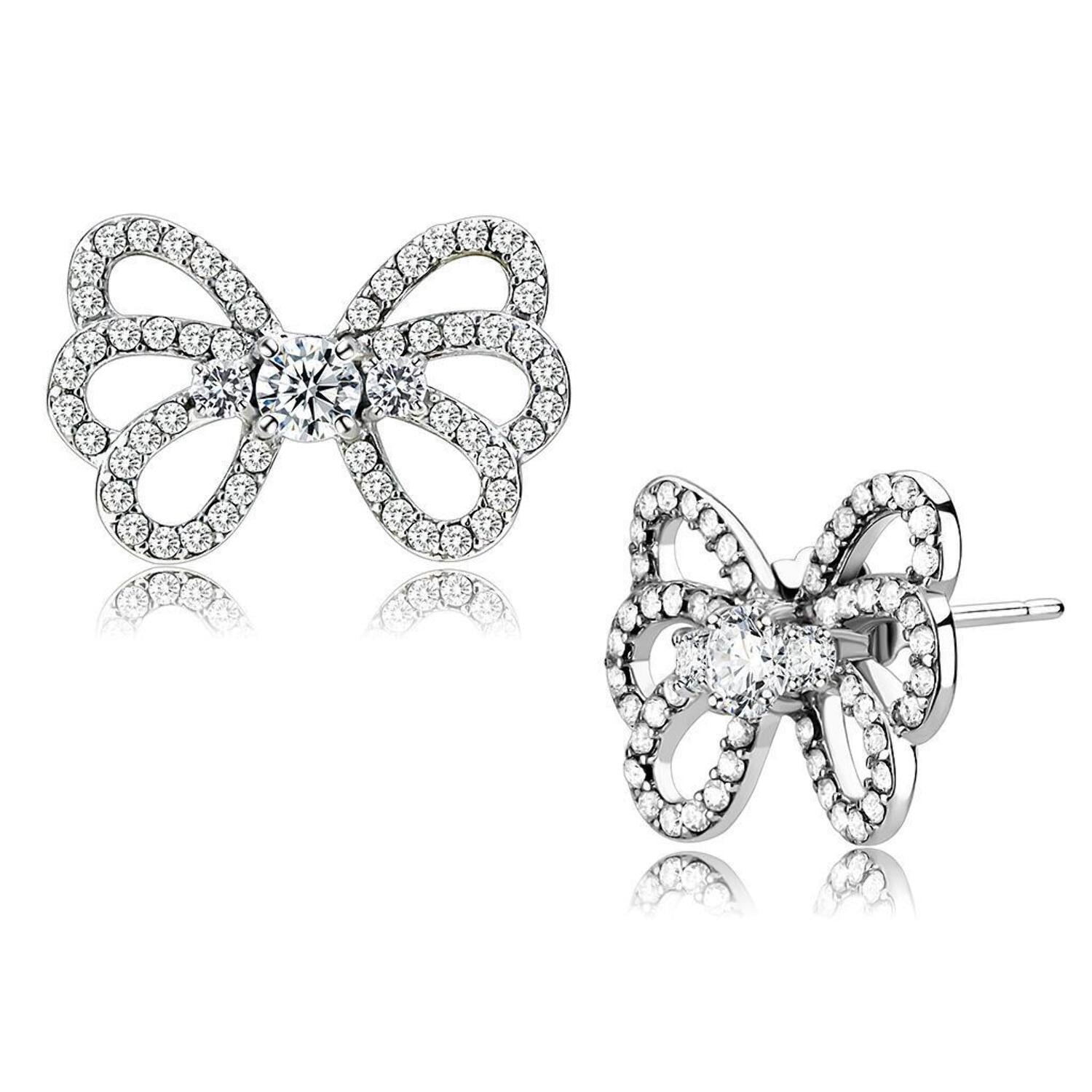 DA067 - High polished (no plating) Stainless Steel Earrings with AAA Grade CZ in Clear