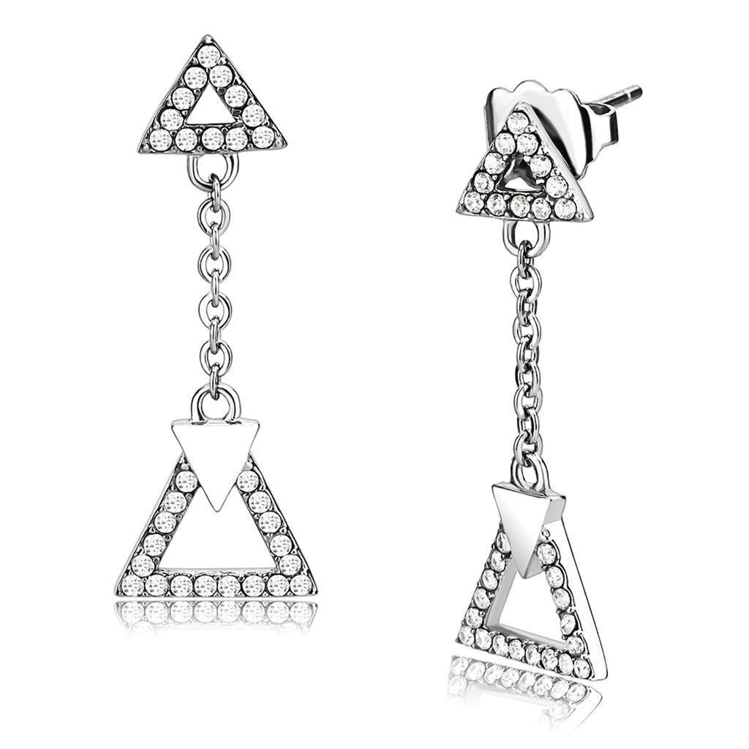 DA068 - High polished (no plating) Stainless Steel Earrings with AAA Grade CZ in Clear