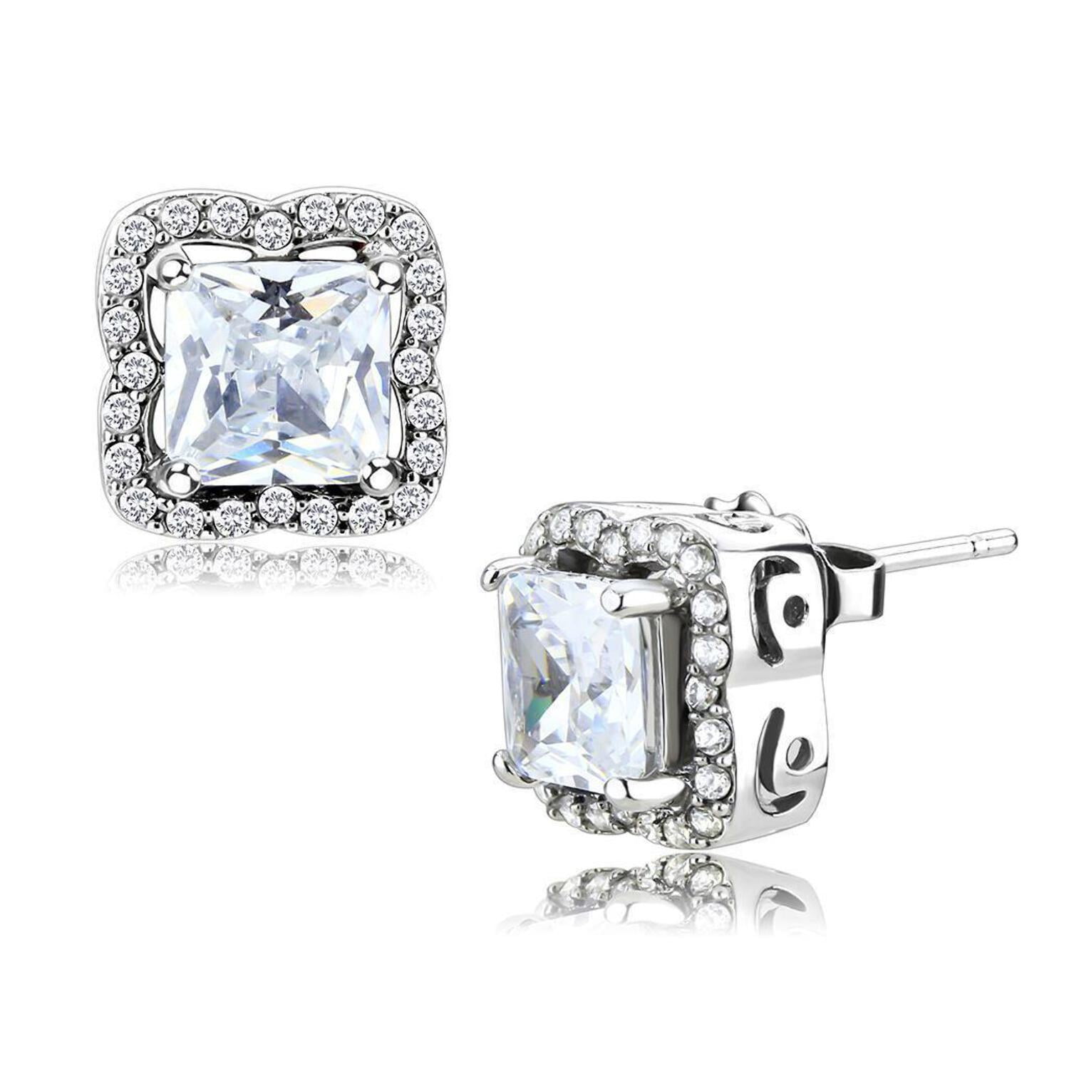 DA081 - High polished (no plating) Stainless Steel Earrings with AAA Grade CZ in Clear