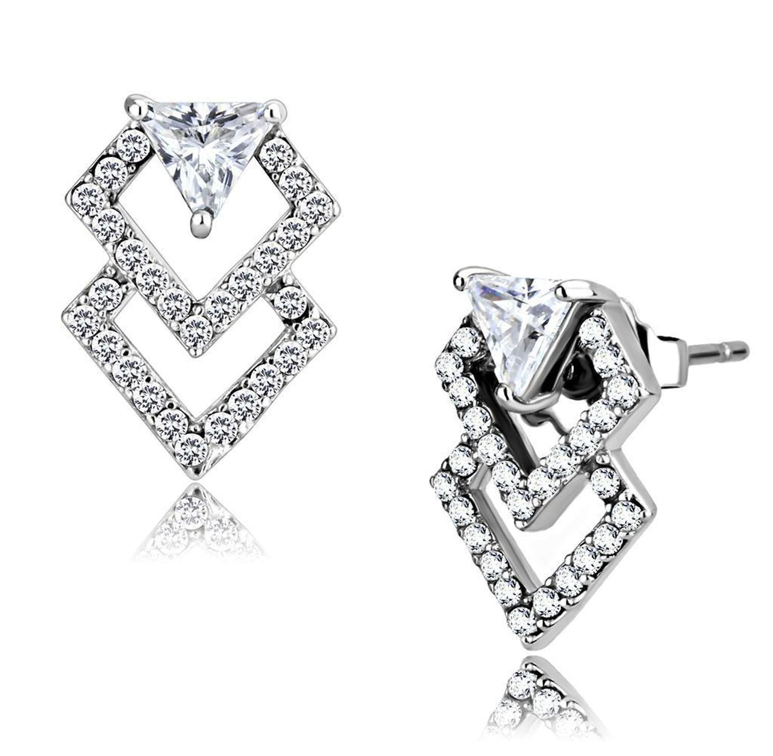 DA198 - High polished (no plating) Stainless Steel Earrings with AAA Grade CZ in Clear