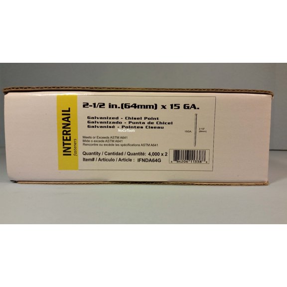 DA25 Galvanized 15 Gauge 2 1/2 Inch 34 Degree Angled Finish Nail 8000 Case Count