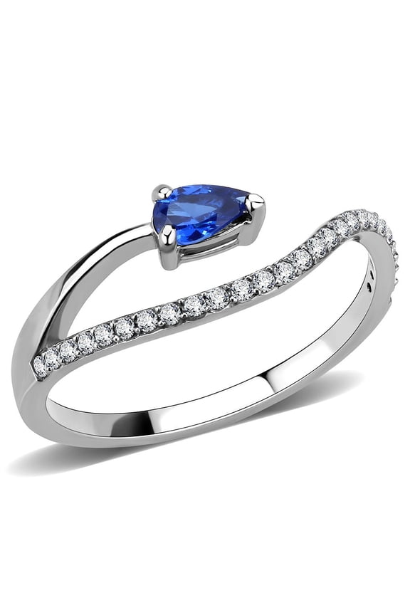 High polished (no plating) Stainless Steel Ring with Synthetic Spinel in London Blue for Women Style DA273