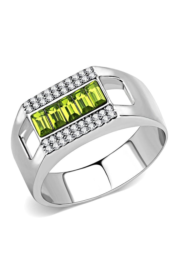 High polished (no plating) Stainless Steel Ring with Top Grade Crystal in Olivine color for Women Style DA289