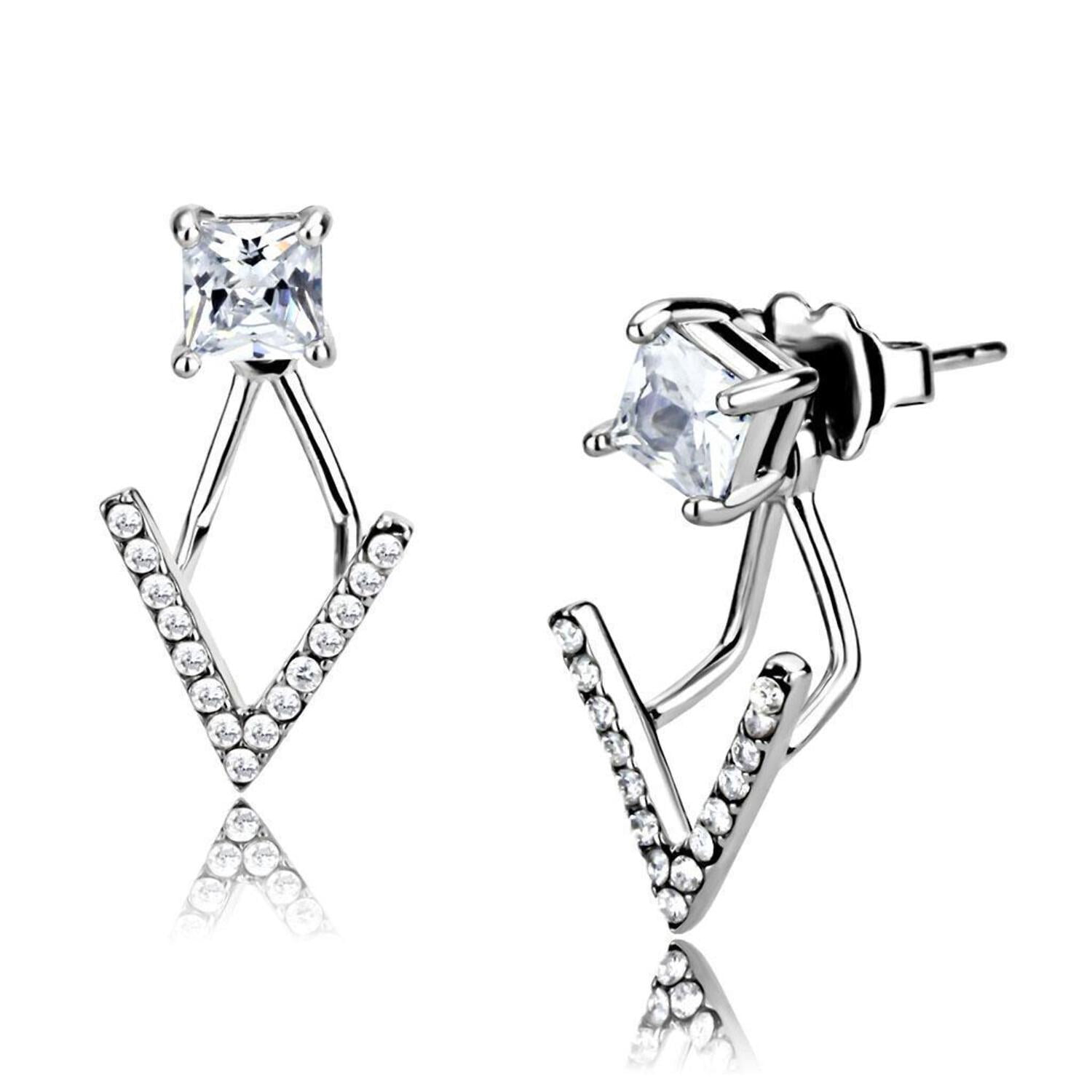 DA292 - High polished (no plating) Stainless Steel Earrings with AAA Grade CZ in Clear