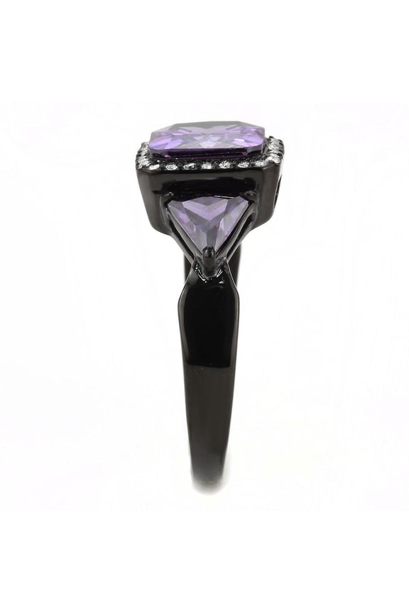 DA346 - IP Black(Ion Plating) Stainless Steel Ring with AAA Grade CZ in Amethyst