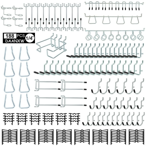 DAANXW 188-Piece 1/4" Steel Pegboard Hook Kit, Only Suitable for 1/4-in Pegboard Holes (Black)