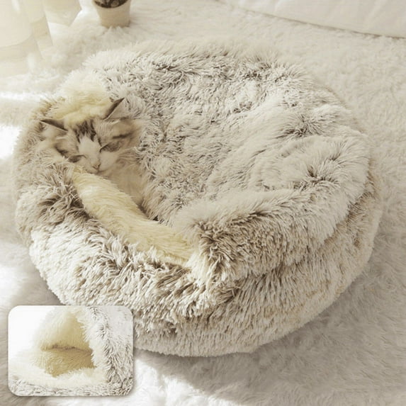 DABEI Plush Round Hooded Pet Bed, Warm Dog Bed For Small Dogs, Fluffy Soft Cat Bed, Donut Pet Cushion