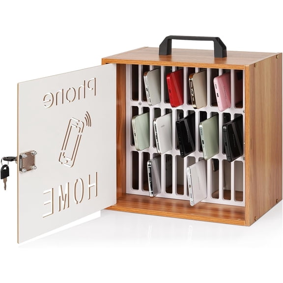 DABOS Wooden Cell Phone Holder with Lock, 33-Slot Desk Phone Holder Storage Cabinet with Handle, Secure Wood Cabinet Desk Organizer for Classroom, Office, Conference Room & Electronics Storage