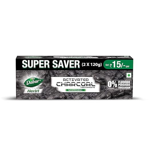 DABUR Herb'L Activated Charcoal Toothpaste-240G (120Gx2,Pack Of 2)|Black Gel Toothpaste|Whitening |Fluoride Free|Fights Plaque&Extrinsic Stains|With Power Of Mint|Cool&Refreshing Mouth Experience