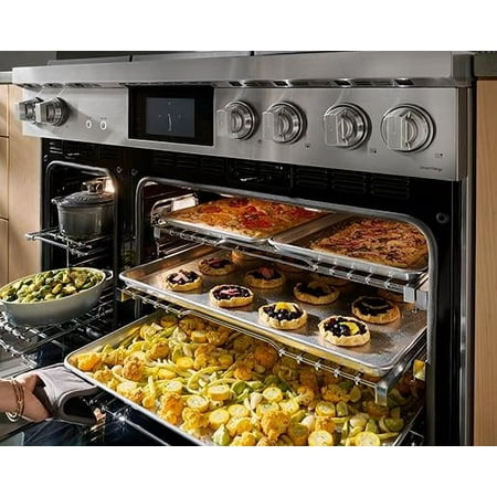 Dacor - Transitional 7.7 Cu. Ft. Slide-In Gas Four-Part Pure Convection Range with Self-Cleaning and SimmerSear Burners - Silver Stainless Steel