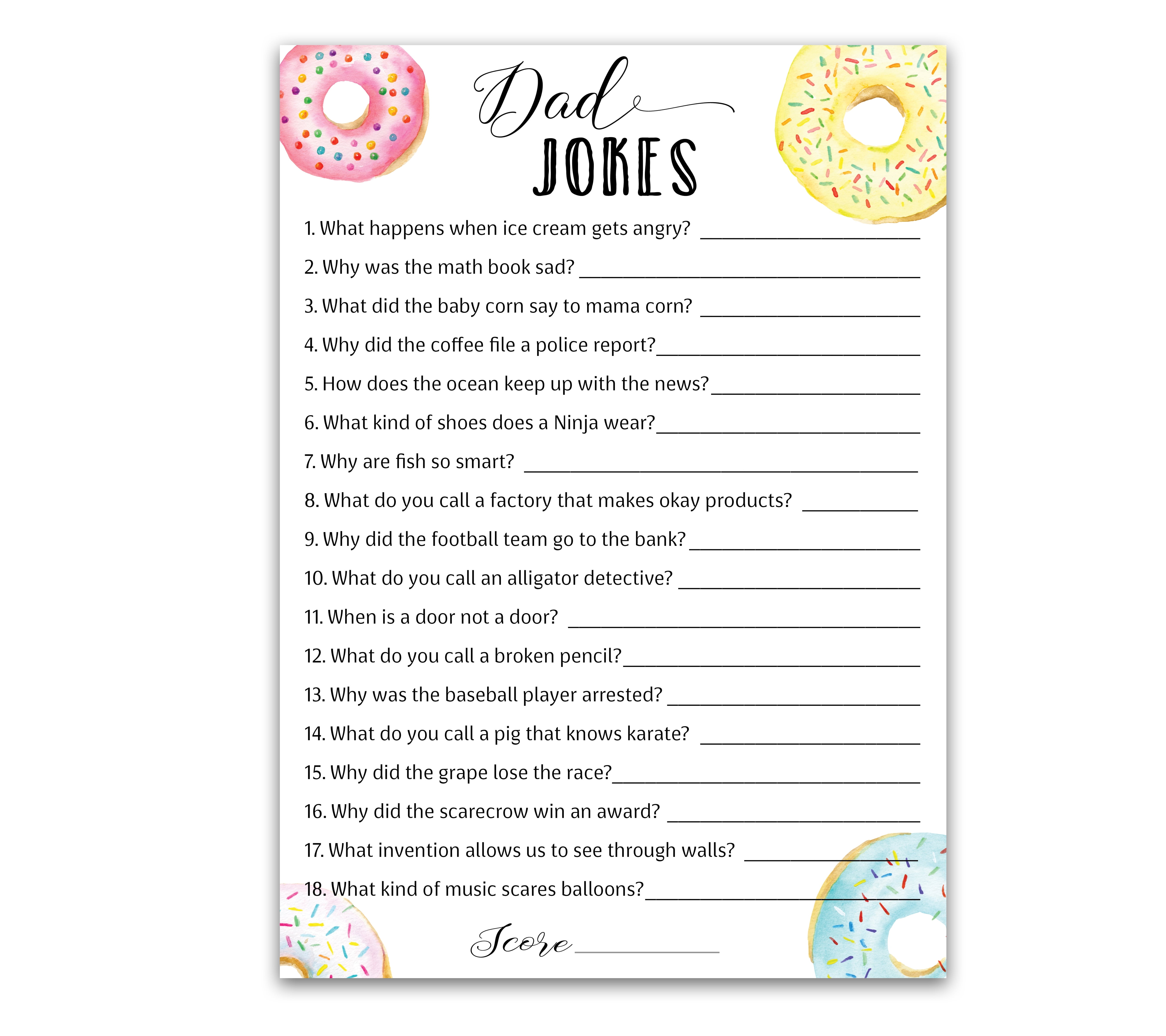 DAD JOKES Baby Shower Games, DONUT Theme Daddy Jokes Shower Trivia Games Pack of 25 Fun Dad Joke Game, Doughnut Gender Neutral Girl or Boy Funny Trivia, Sprinkle, Gender Reveal, Birthday G850-DJK