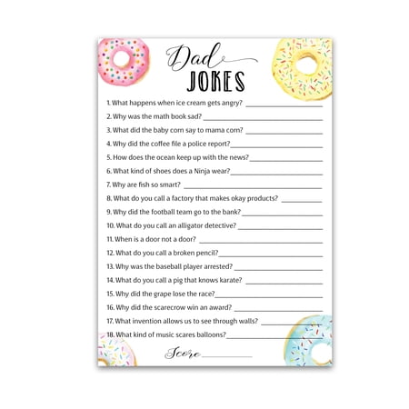 DAD JOKES Baby Shower Games, DONUT Theme Daddy Jokes Shower Trivia Games — Pack of 25 — Fun Dad Joke Game, Doughnut Gender Neutral Girl or Boy Funny Trivia, Sprinkle, Gender Reveal, Birthday G850-DJK
