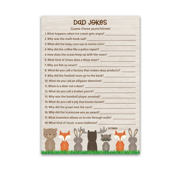 DAD JOKES Baby Shower Games, WOODLAND ANIMALS, Jungle Theme Baby Shower - Pack of 25 - Fun Dad Joke Game, Funny Daddy Joke Trivia, Welcome to the Wild Shower, Gender Neutral G601-DJK