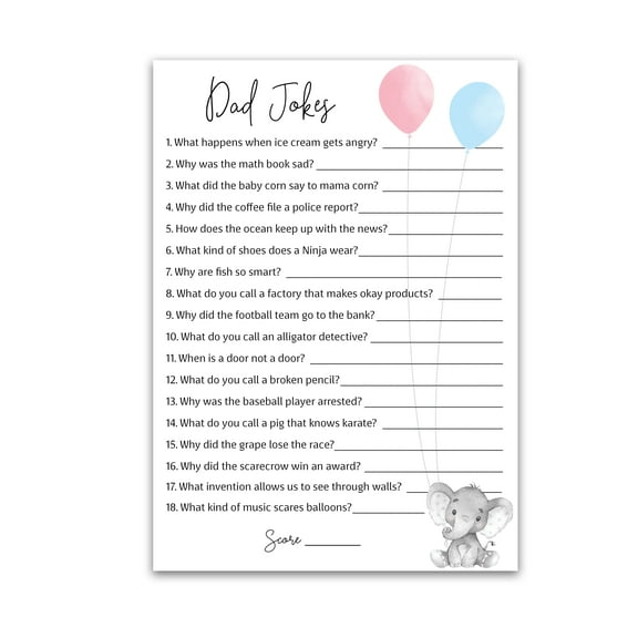 DAD JOKES Gender Reveal Party Game, Daddy Jokes Baby Shower Trivia Games Pack of 25 Fun Dad Joke Game, Elephant Pink or Blue, Funny Trivia, Baby Sprinkle, Co-ed Couples Shower, Birthday G510-DJK