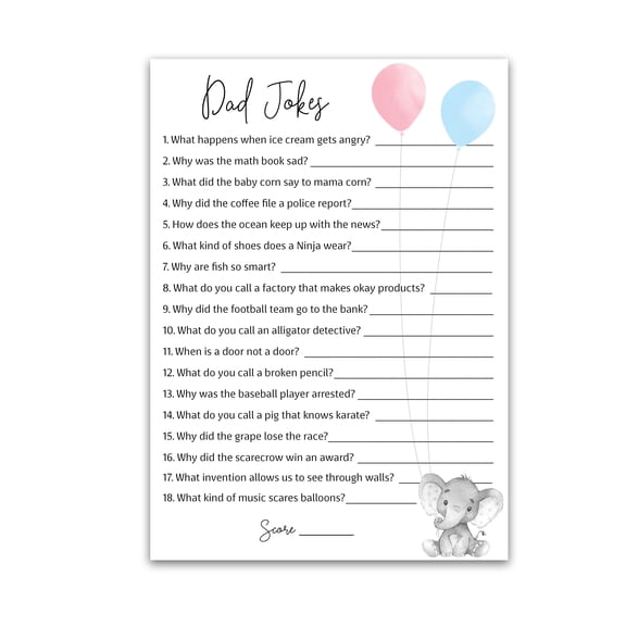 DAD JOKES Gender Reveal Party Game, Daddy Jokes Baby Shower Trivia Games  Pack of 25  Fun Dad Joke Game, Elephant Pink or Blue, Funny Trivia, Baby Sprinkle, Co-ed Couples Shower, Birthday G510-DJK