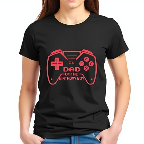 DAD OF THE BIRTHDAY BOY Graphic T-Shirt - Black Cotton Tee with Coral-Red Controller Design for Casual Celebrations