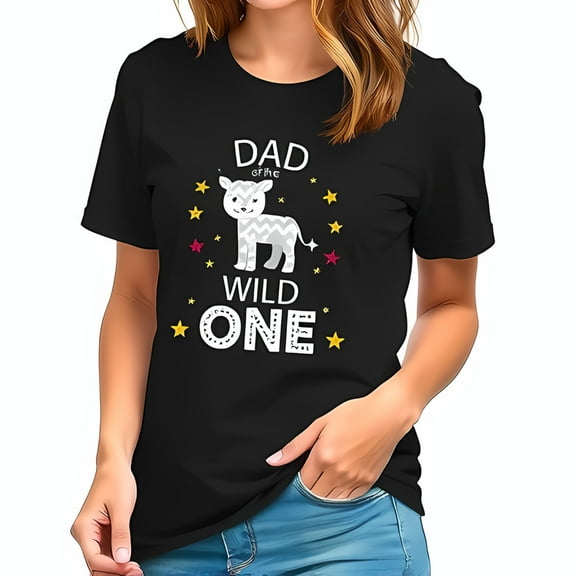 DAD of the WILD ONE Black Cotton T-Shirt - Fun Zebra Design with Stars for First Birthday Celebration