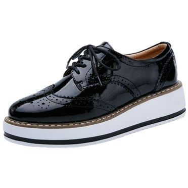 DADAWEN Black Patent Lace-up Square Toe Women's Platform Flats Shoes Casual Oxfords for Ladies Size 7 US