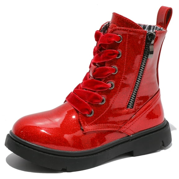 DADAWEN Boys Girls Ankle Boots Combat Boots Waterproof Boots with Side Zipper Glitter Red 11.5 Little Kid