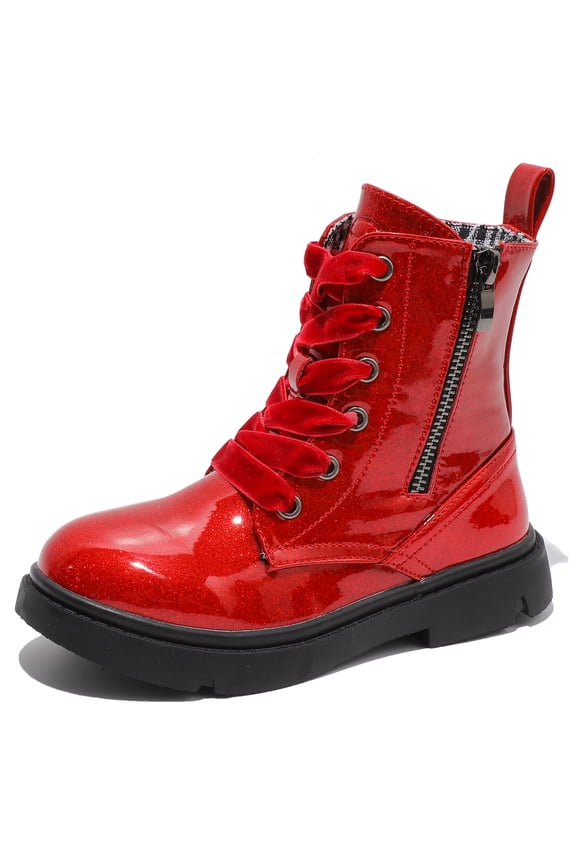 Boys Girls Ankle Boots Combat Boots Waterproof Boots with Side Zipper Glitter Red 3.5 Big Kid