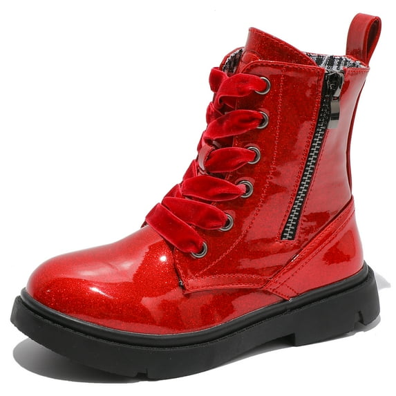 DADAWEN Boys Girls Ankle Boots Combat Boots Waterproof Boots with Side Zipper Glitter Red 3 Little Kid