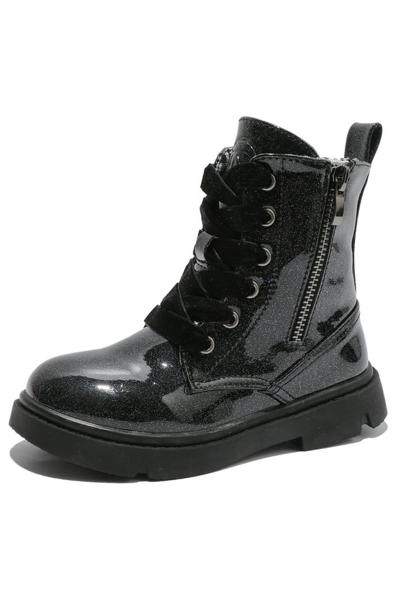 Boys Girls Ankle Boots Combat Boots Waterproof Boots with Side Zipper Glossy Black 3 Little Kid