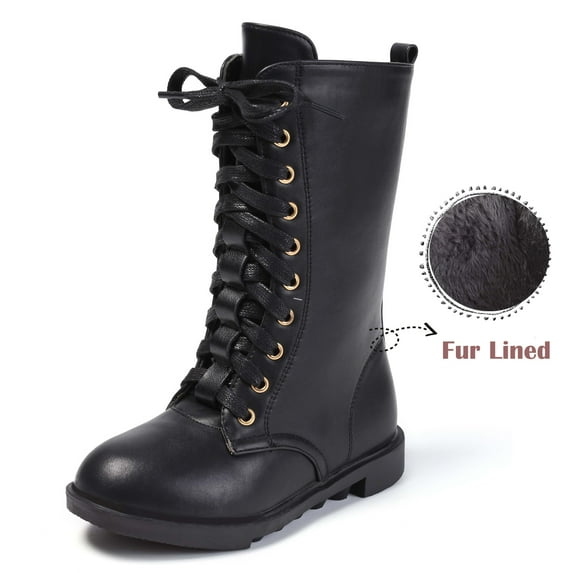 DADAWEN Boys Girls Knee-High Boots Leather Lace-Up Winter Boots Side Zipper Mid Calf Combat Riding Boots Black 11 Little Kid