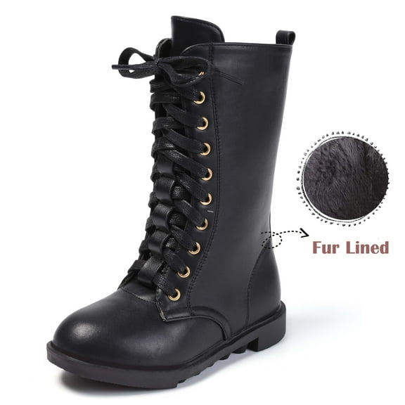 DADAWEN Boys Girls Knee-High Boots Leather Lace-Up Winter Boots Side Zipper Mid Calf Combat Riding Boots Black 12 Little Kid