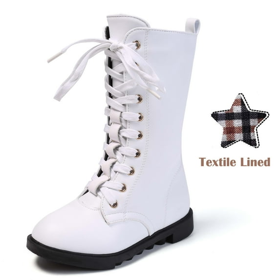 DADAWEN Boys Girls Knee-High Boots Leather Lace-Up Winter Boots Side Zipper Mid Calf Combat Riding Boots White 10.5 Toddler