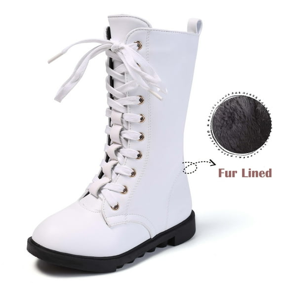 DADAWEN Boys Girls Knee-High Boots Leather Lace-Up Winter Boots Side Zipper Mid Calf Combat Riding Boots White 11 Little Kid
