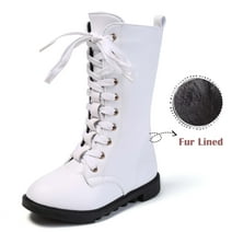 DADAWEN Boys Girls Knee-High Boots Leather Lace-Up Winter Boots Side Zipper Mid Calf Combat Riding Boots White 4 Big Kid