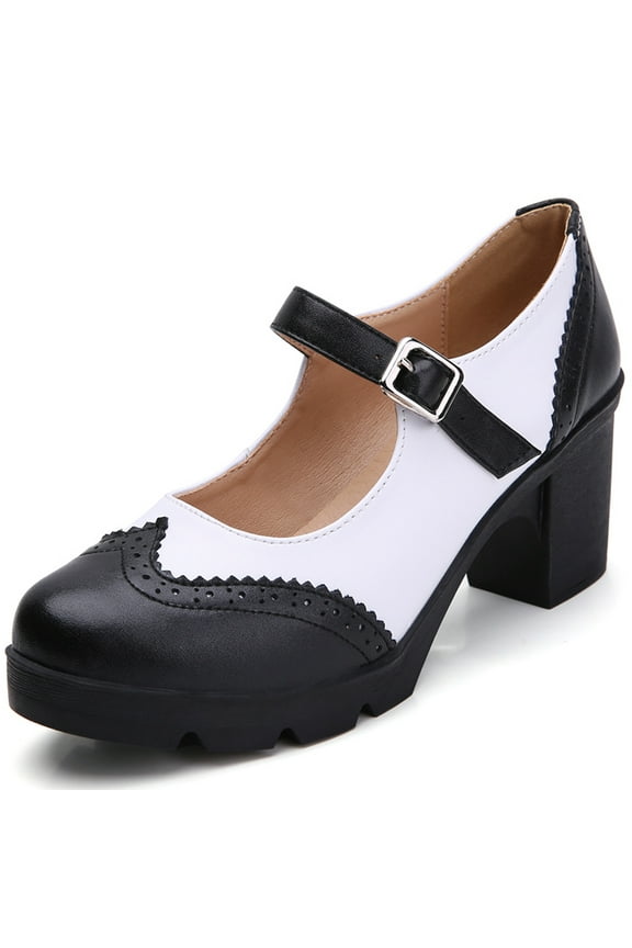 Chunky Mid-Heel Platform Mary Jane Pumps for Women Square Toe Oxfords Dress Shoes Black/White 6.5 US
