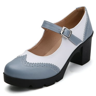 DADAWEN Chunky Mid-Heel Platform Mary Jane Pumps for Women Square Toe Oxfords Dress Shoes Blue-Gray/White 4.5 US