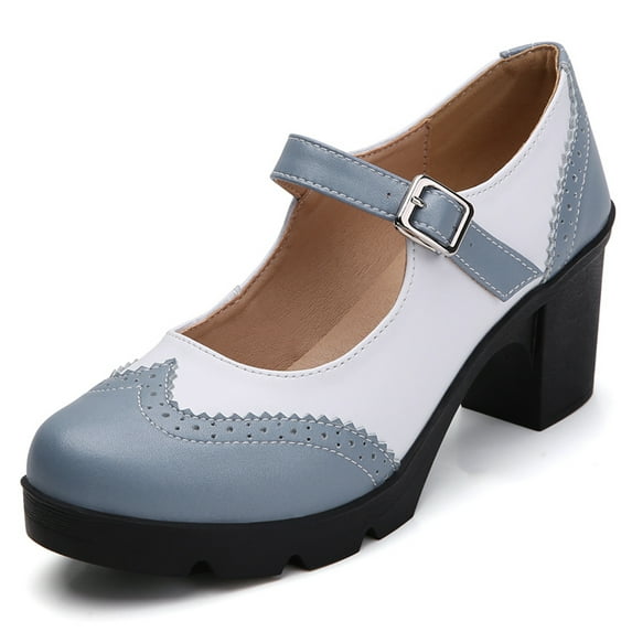 DADAWEN Chunky Mid-Heel Platform Mary Jane Pumps for Women Square Toe Oxfords Dress Shoes Blue-Gray/White 6.5 US