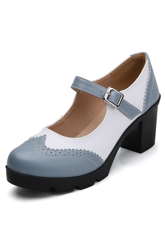 Chunky Mid-Heel Platform Mary Jane Pumps for Women Square Toe Oxfords Dress Shoes Blue-Gray/White 9.5 US
