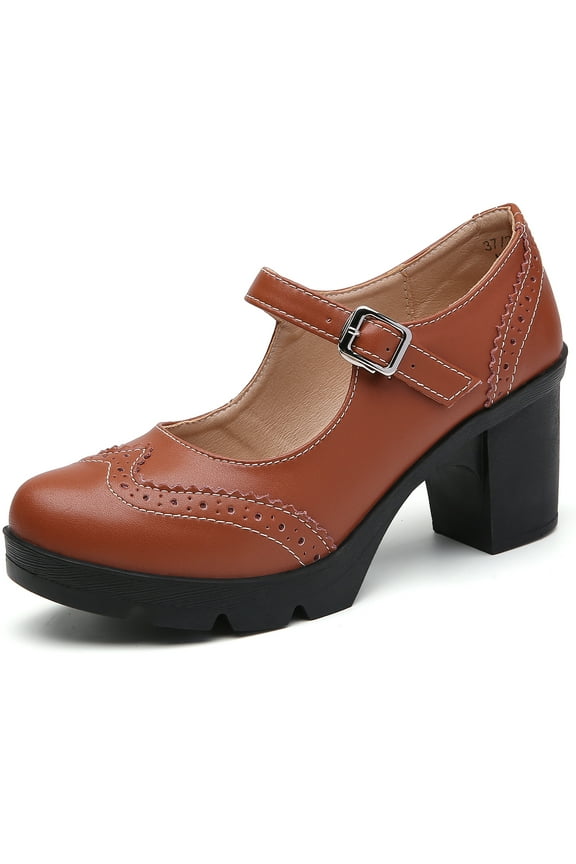 Chunky Mid-Heel Platform Mary Jane Pumps for Women Square Toe Oxfords Dress Shoes Brown 8 US