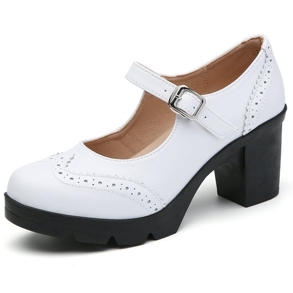 DADAWEN Chunky Mid-Heel Platform Mary Jane Pumps for Women Square Toe Oxfords Dress Shoes White 9 US