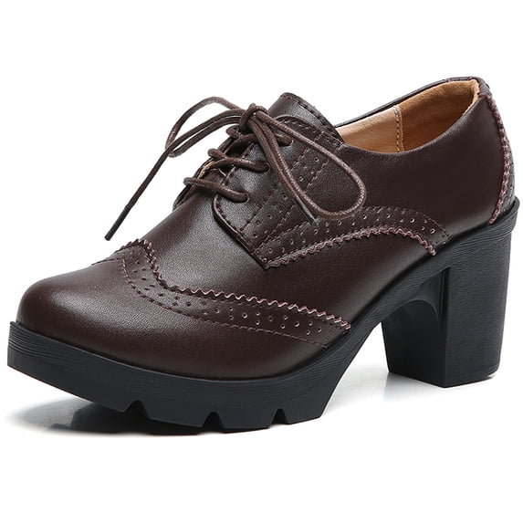 DADAWEN Closed Toe Platform Chunky Block Brown Mid-Heel Pumps for Women Dress Wedding Shoes 6.5 US