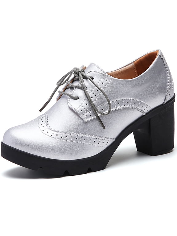 Closed Toe Platform Chunky Block Silver Mid-Heel Pumps for Women Dress Wedding Shoes 4.5 US
