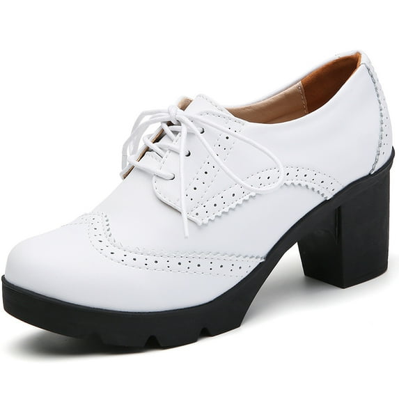 DADAWEN Closed Toe Platform Chunky Block White Mid-Heel Pumps for Women Dress Wedding Shoes 7.5 US