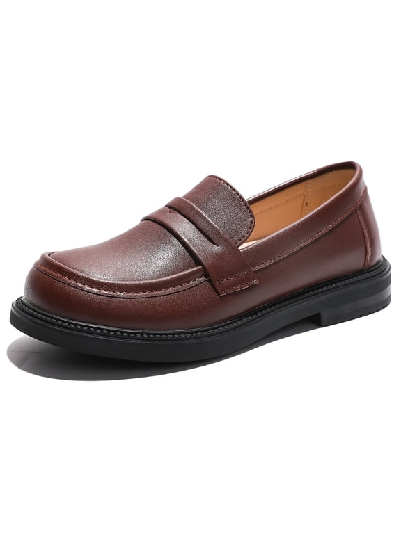 Girl's Dress Shoes Penny Loafers Slip On Leather Flats Round Toe School Uniform Brown Shoes 13 Toddler