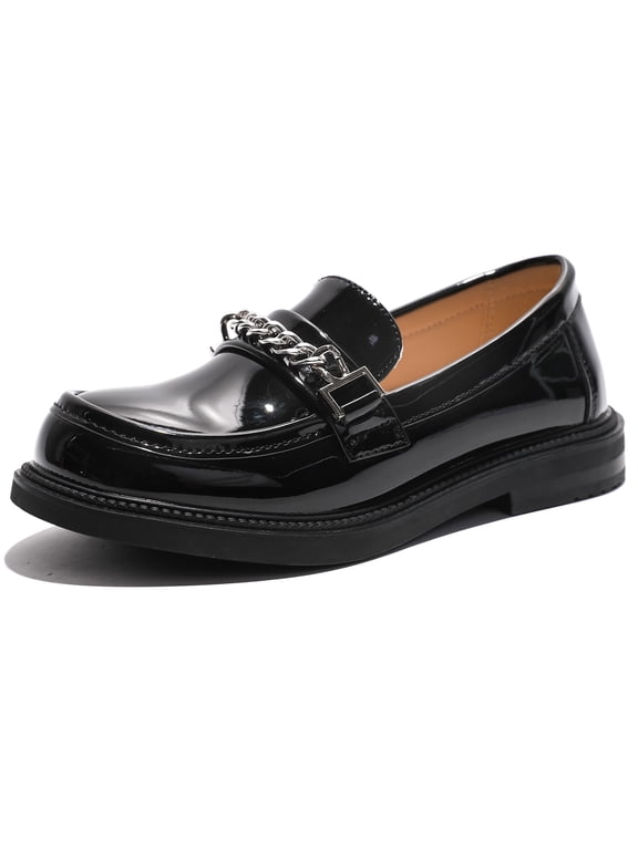 Girl's Loafers Slip On Chain Leather Flats Round Toe School Uniform Black Dress Shoes 9.5 Toddler