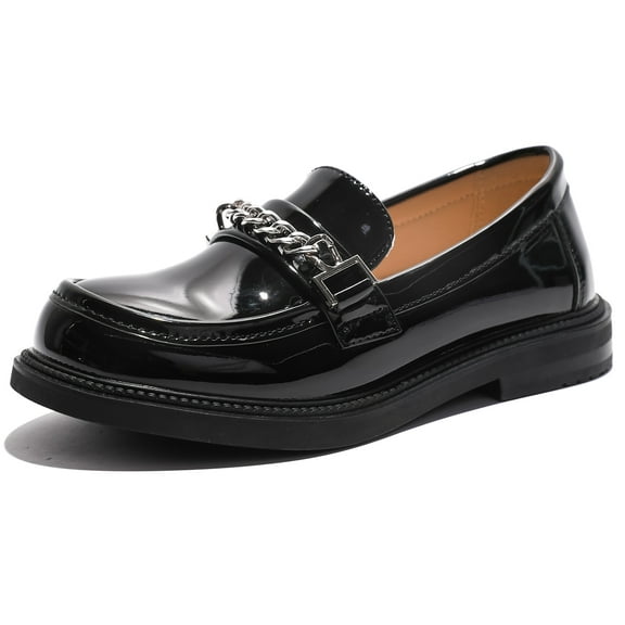 DADAWEN Girl's Loafers Slip On Chain Leather Flats Round Toe School Uniform Black Dress Shoes 9 Toddler