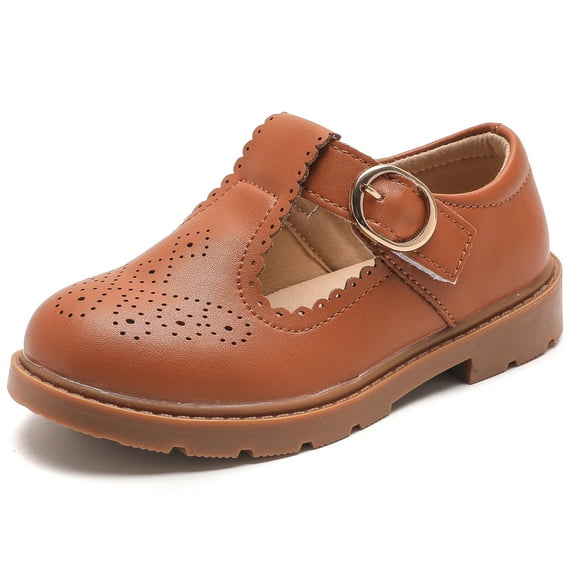 DADAWEN Girl's Mary Jane T-Strap Flats Dress Shoes Princess Shoes School Uniform Shoes Picture Day Shoes Brown 12.5 Little Kid