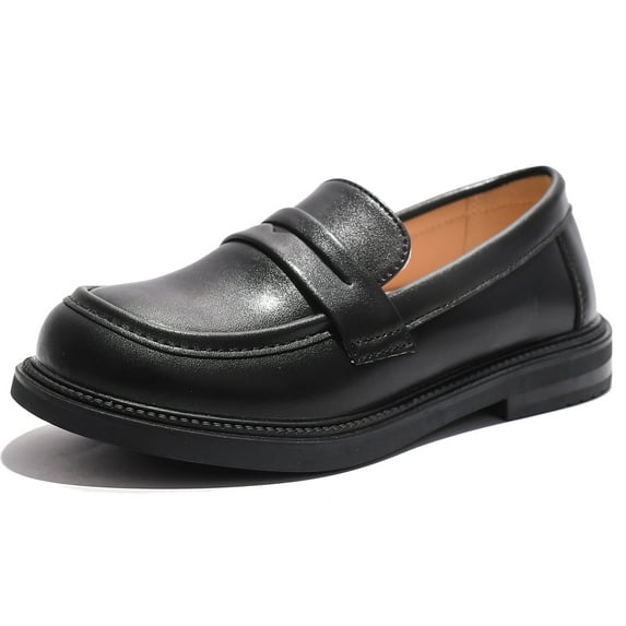 DADAWEN Girl's Penny Loafers Slip On Leather Flats Round Toe School Uniform Black Dress Shoes 2 Little Kid